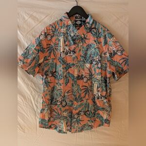 Reyn Spooner Men's Peach and Teal Motorcycle Print Shirt